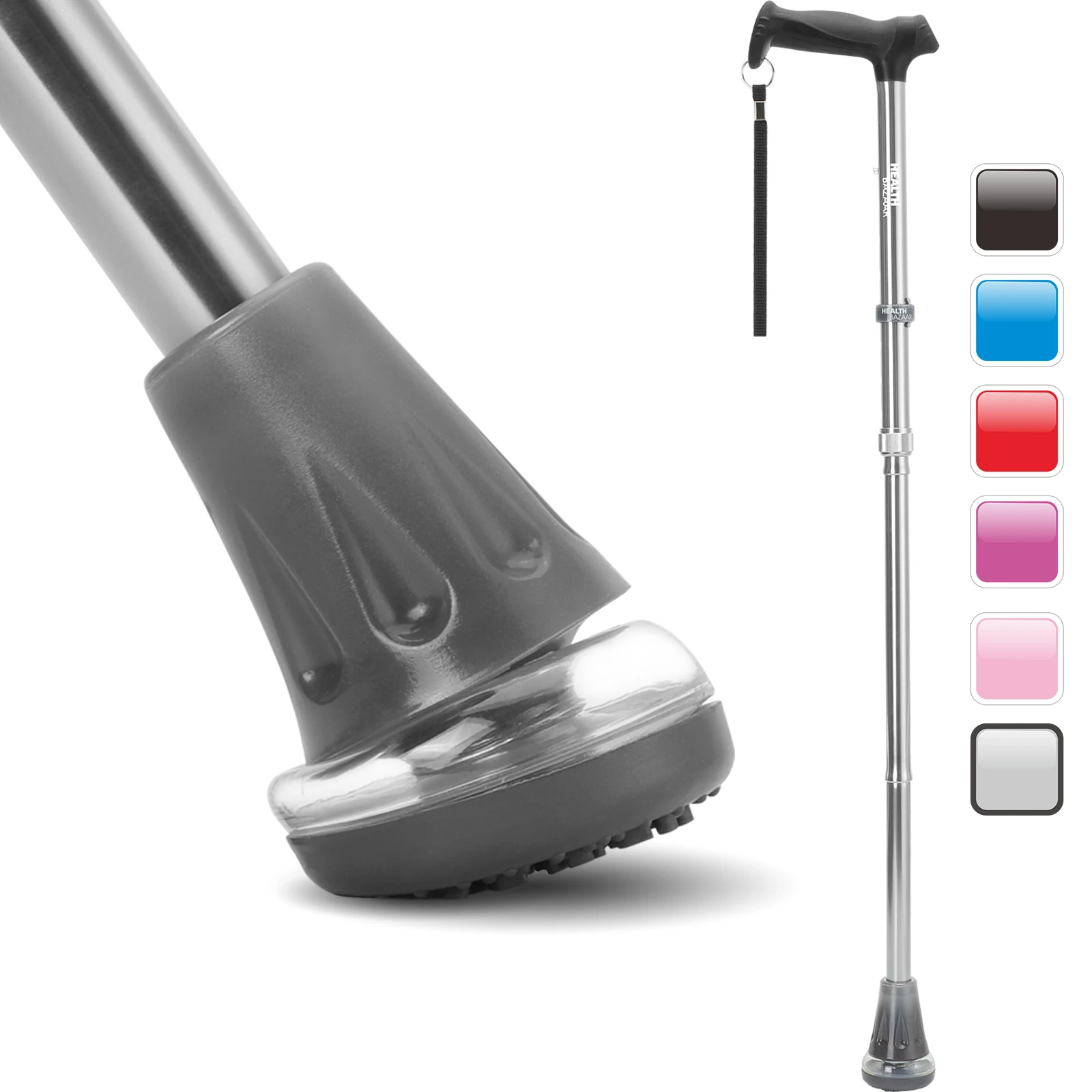 Health BAZAAR Walking Stick Personal Defense Retractable Cane Adjustable Height Crutches Silver Elderly