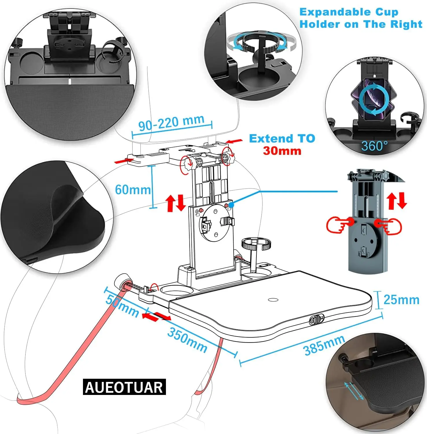 Car Back Seat Tray Table-Stable Foldable Auto Backseat Food Trays Desk,Multifunctional Adjustable Travel Tray with Drink Holder