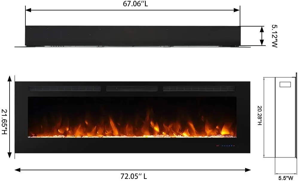 Декоративный домашний электрический камин Dreamflame 72 дюйма с нагревательным электрическим камином и разноцветными кристаллами