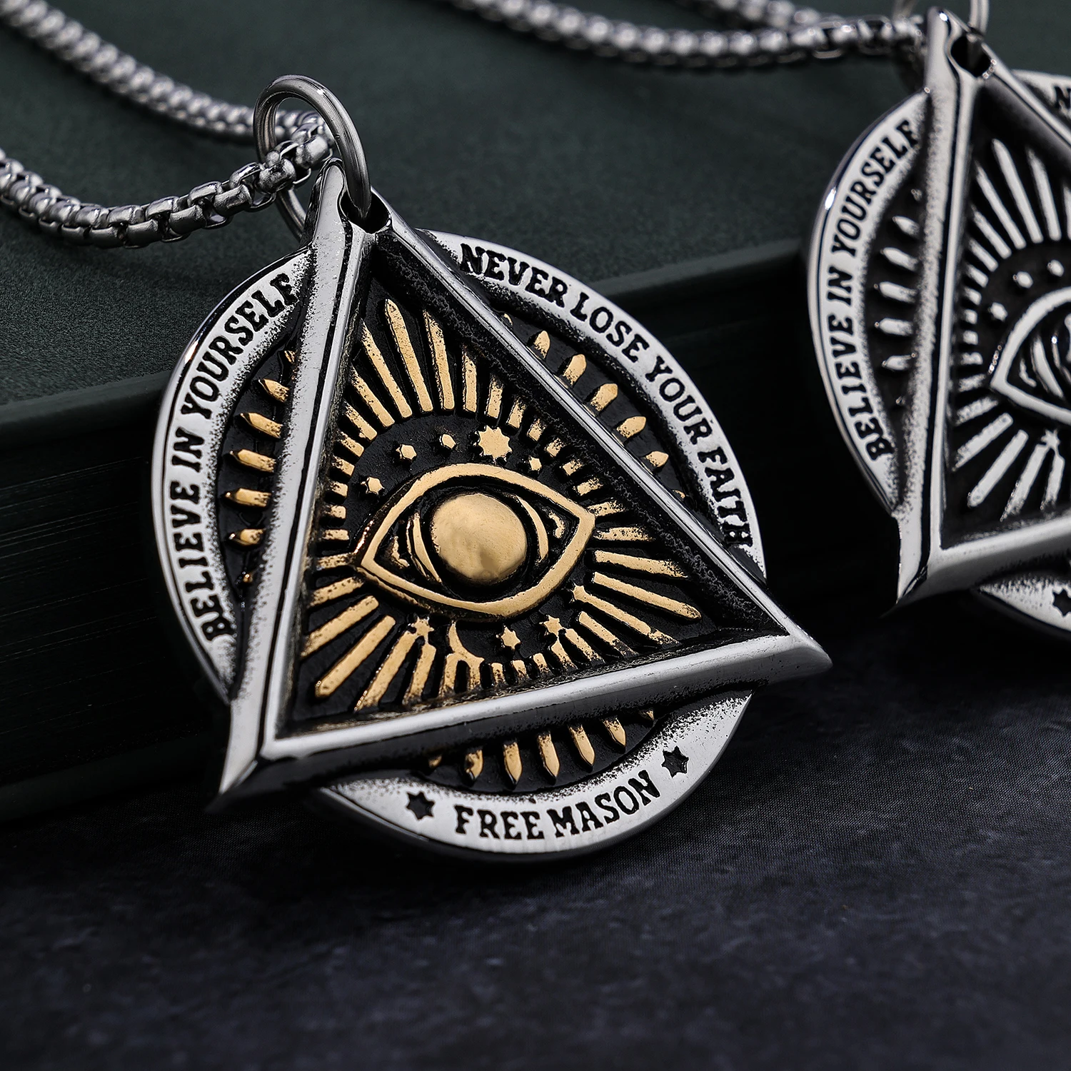 Never Lost your Faith Illuminati All Seeing Eye Stainless Steel Freemason Masonic Pendant Necklace for Men Women