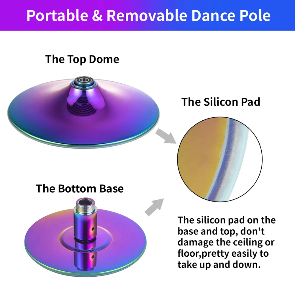 New style Colorful 45mm Steel Tube Spinning and Static Portable Fitness Exercise Stripper Dancing Pole Gold pole dance