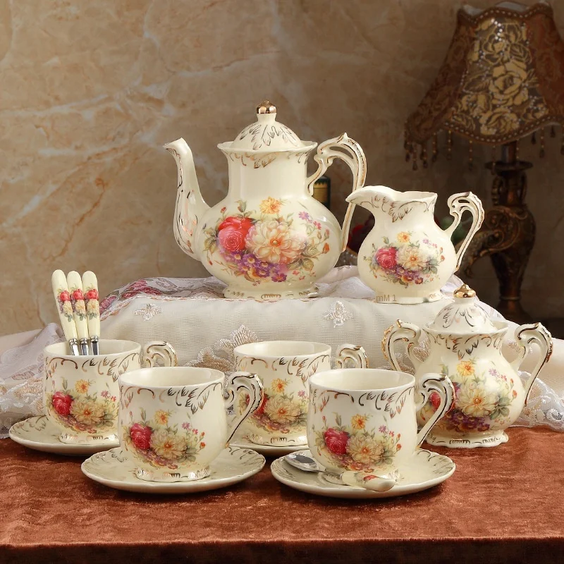 QIAN HU  Luxury Handmade  European American Style Bone China Tea Pot Set Porcelain Cups Coffee Sets