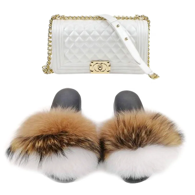
Custom Color Real Racoon Fox Fur Slides Sandals Red White Jelly Bag Fur Slippers for Women 