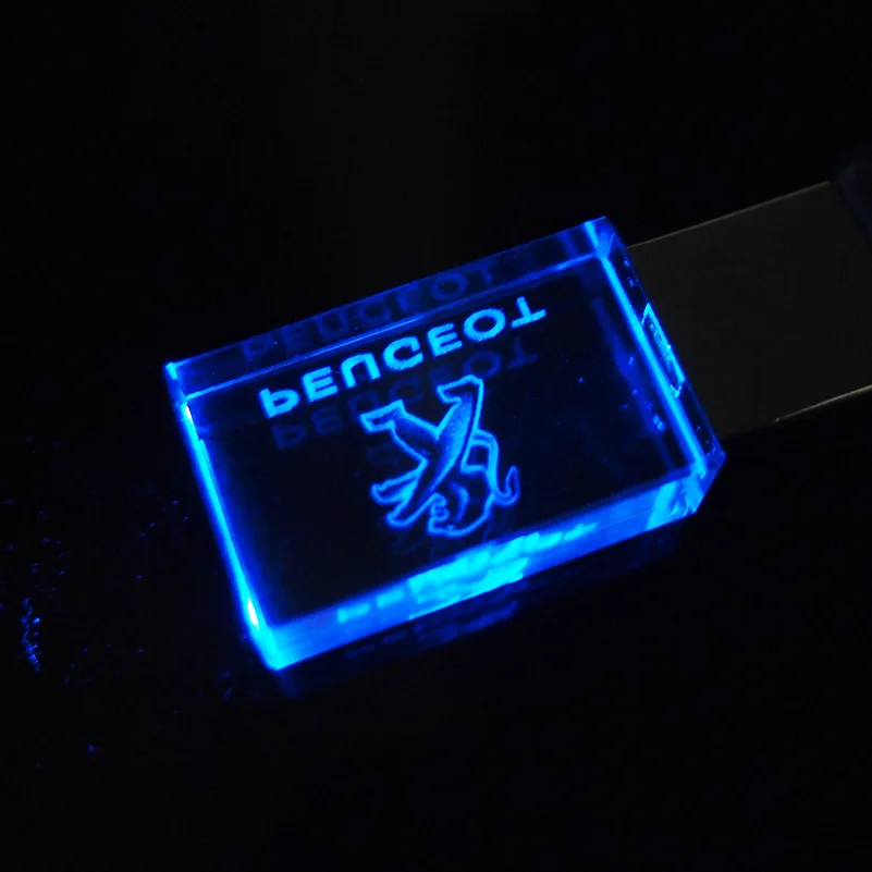 Hot Sale Crystal USB & Peugeot Car Logo 4G 16GB Flash Drive 2.0 USB Pen Drive 32GB LED Memory Disk 128GB 64GB Cool Gifts