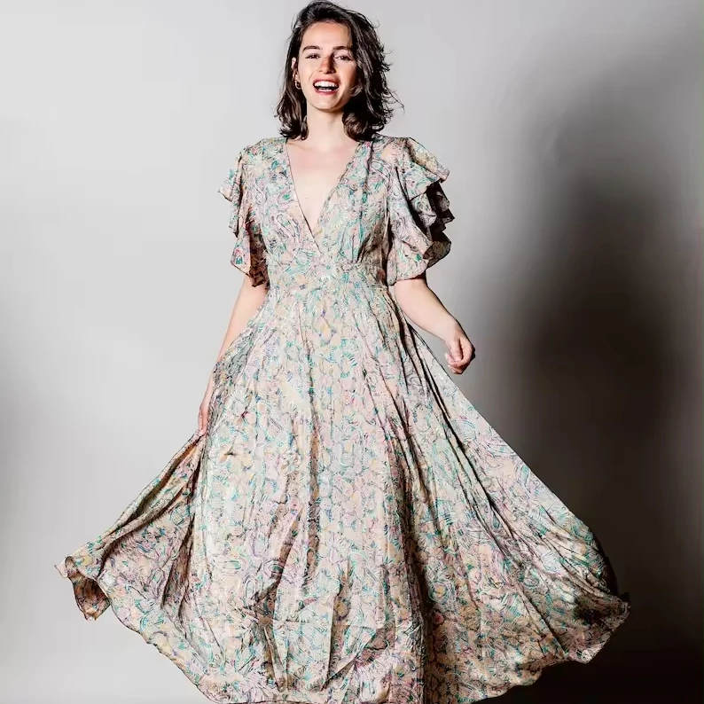 Summer Trending Elegant Ladies For Dress Sexy Elegant Midi Butterfly V Neck Sleeve Red Floral Women Dress