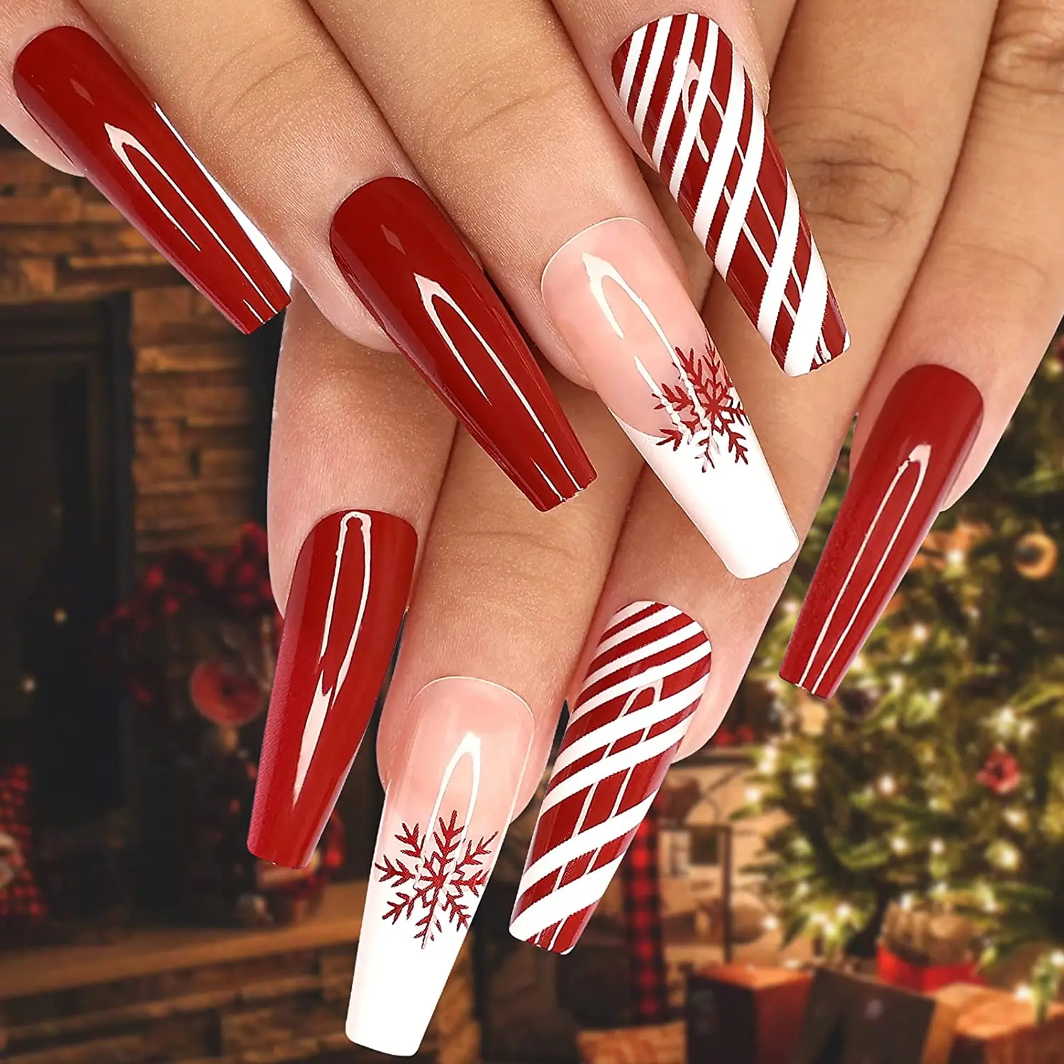 2022 New Christmas High Quality Press On Nails Wholesale Long Coffin Ballerina Snowflake Design Artificial Fake Nail Tips
