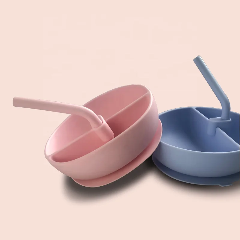 Wholesale Silicone Baby Feeding Bowl Tableware for Kids Baby Bowl Straw Set