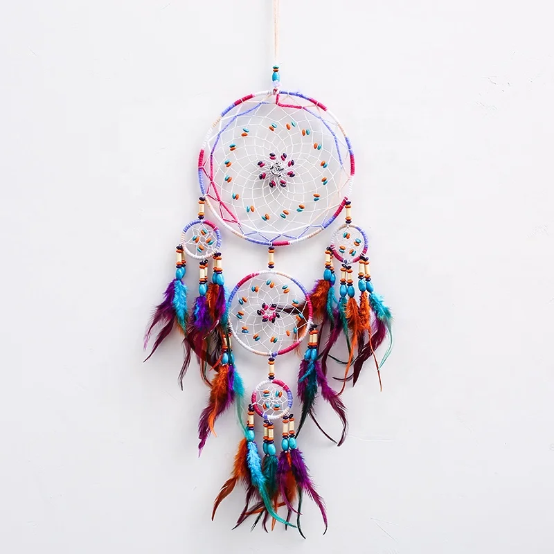 Five-ring colored cotton rope hand-woven dream catcher Colored painted wood beaded peacock feathers dream catcher Bohemian style