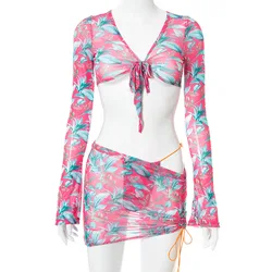 Wholesale 2021 new spring clothings floral mesh long sleeves crop top lace up skirt sets for women