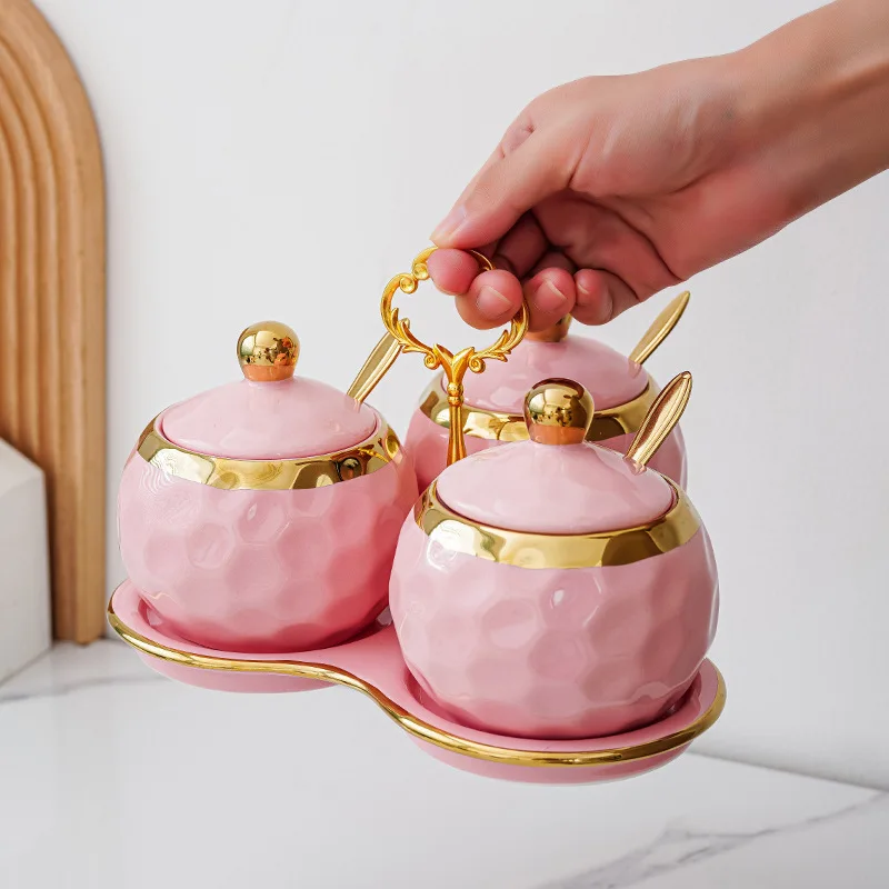 Luxury Kitchen Porcelain Sugar Salt Bowl Condiment Pot Seasoning Jar Box Ceramic Spice Set Jar With Spoon Tray