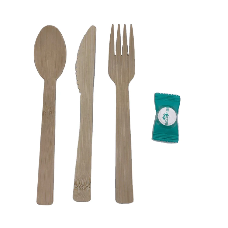 Cafe Equipment 100% Bamboo Natural Cutlery Flatware Spoon Knife Fork Sets Dinner Napkins Paper