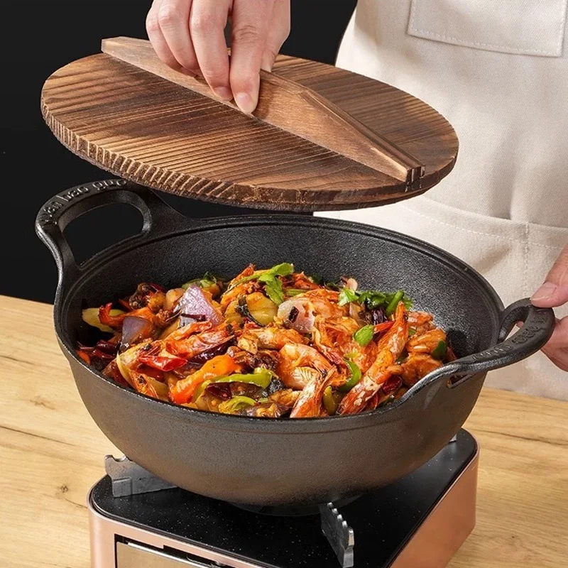 Round Black Cast Iron Deep Frying Pan Kitchenware Soup Pot Non Stick Cast Iron Wok
