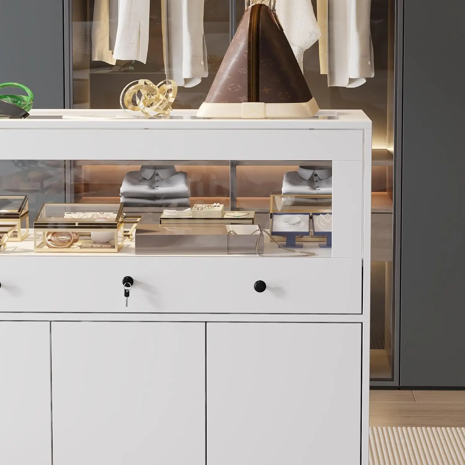 White Glass Display Cabinet Jewelry Counter Kiosk Cabinet Island Shop Showcase for Bedroom Boutique