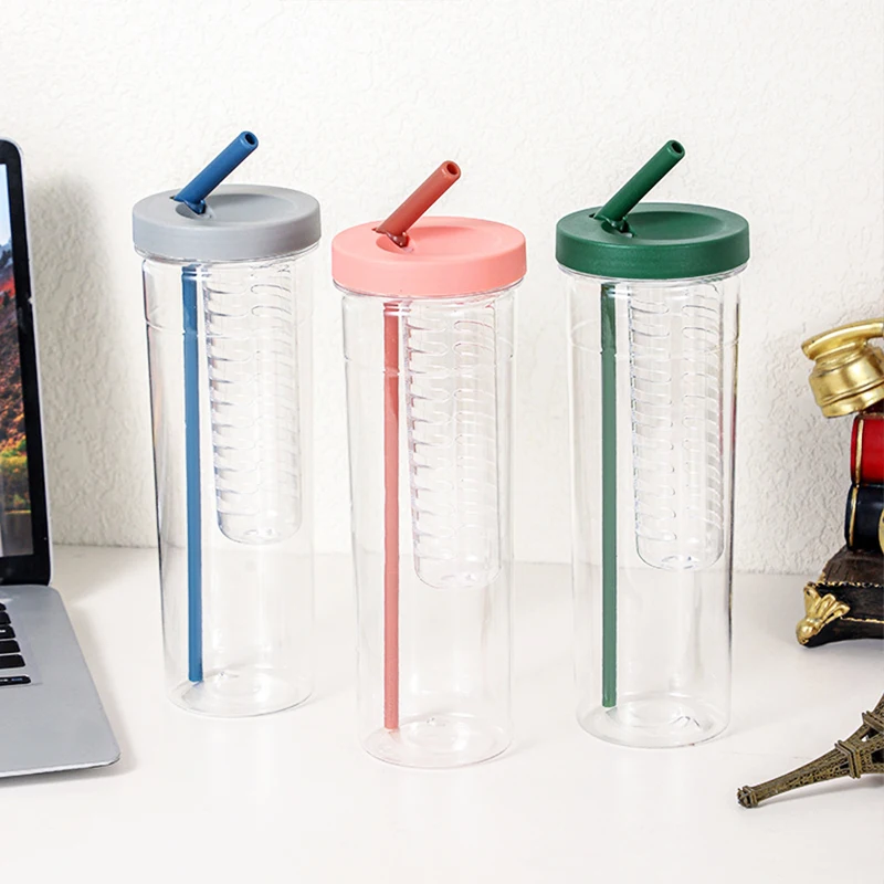 Portable Transparent Plastic Tea Infuser Water Bottle Filter Cup Fruit Infuser Strainer Bottle Plastic Water Bottle With Straw