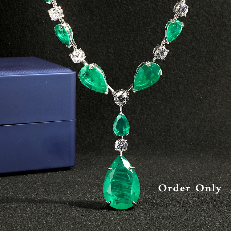 Luxury Silver Jewelry Zircon Pendant Necklace Charm CZ Diamond Chain Necklace Full Iced Out Green Stone Necklace