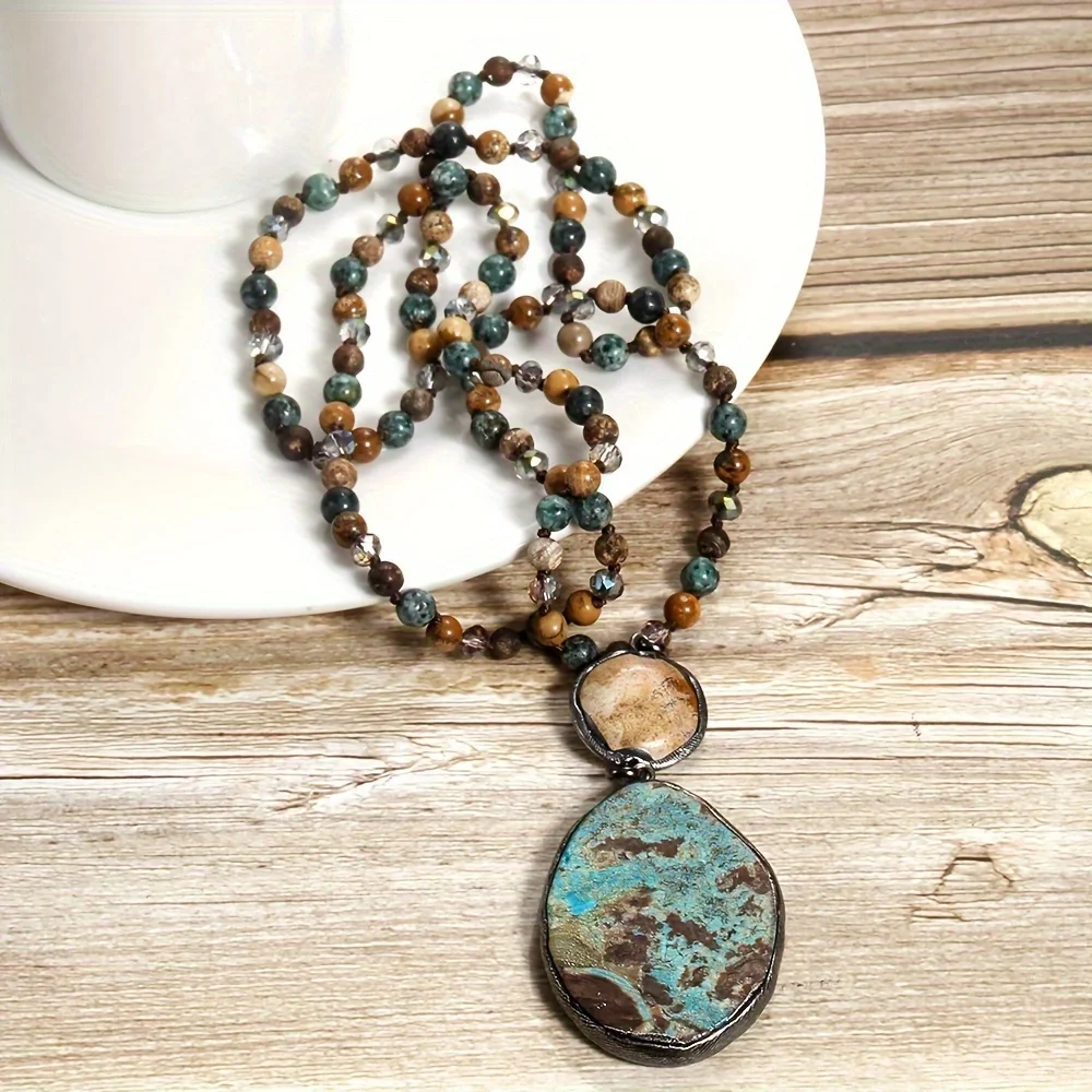 Fashion Bohemian Handmade Women Jewelry 6mm Natural Stone Crystal Glass Beads Knotted Necklace Irregular Stone Pendant Necklaces