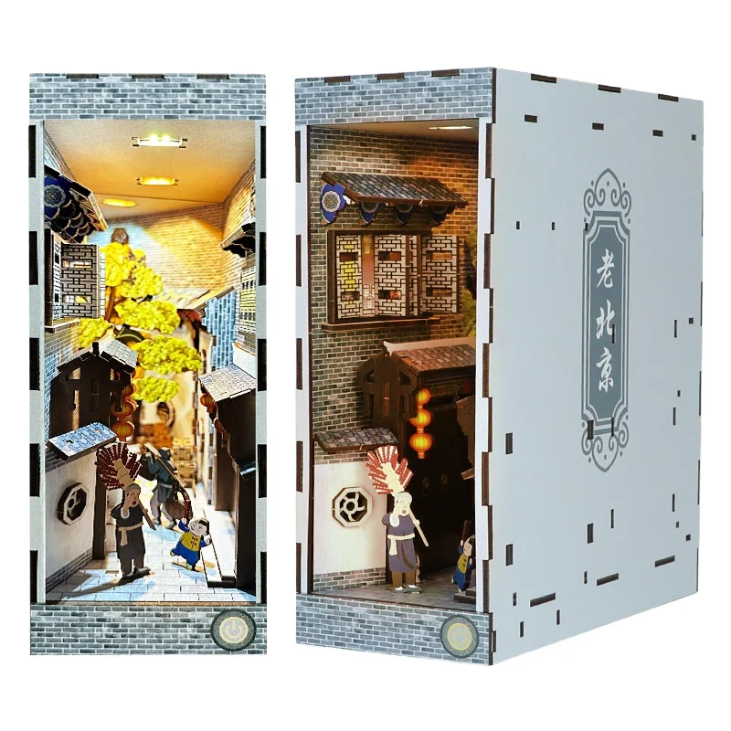 Handmade wood Craft old bejing Dollhouse with Light Night Light Model Toys 3D Puzzle Wooden Booknook