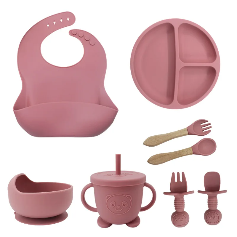 Wholesale Custom Bpa Free Kid Other Tableware Silicone Bowl Suction Snacks Cup Straw Plate Bibs Products Baby Feeding Set