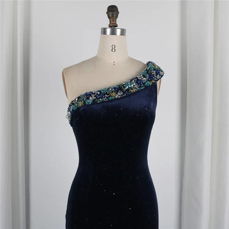 
Hot Sale Banquet Velvet Beaded One Shoulder Formal Dresses Ladies Prom Birthday Dresses With Court Train 
