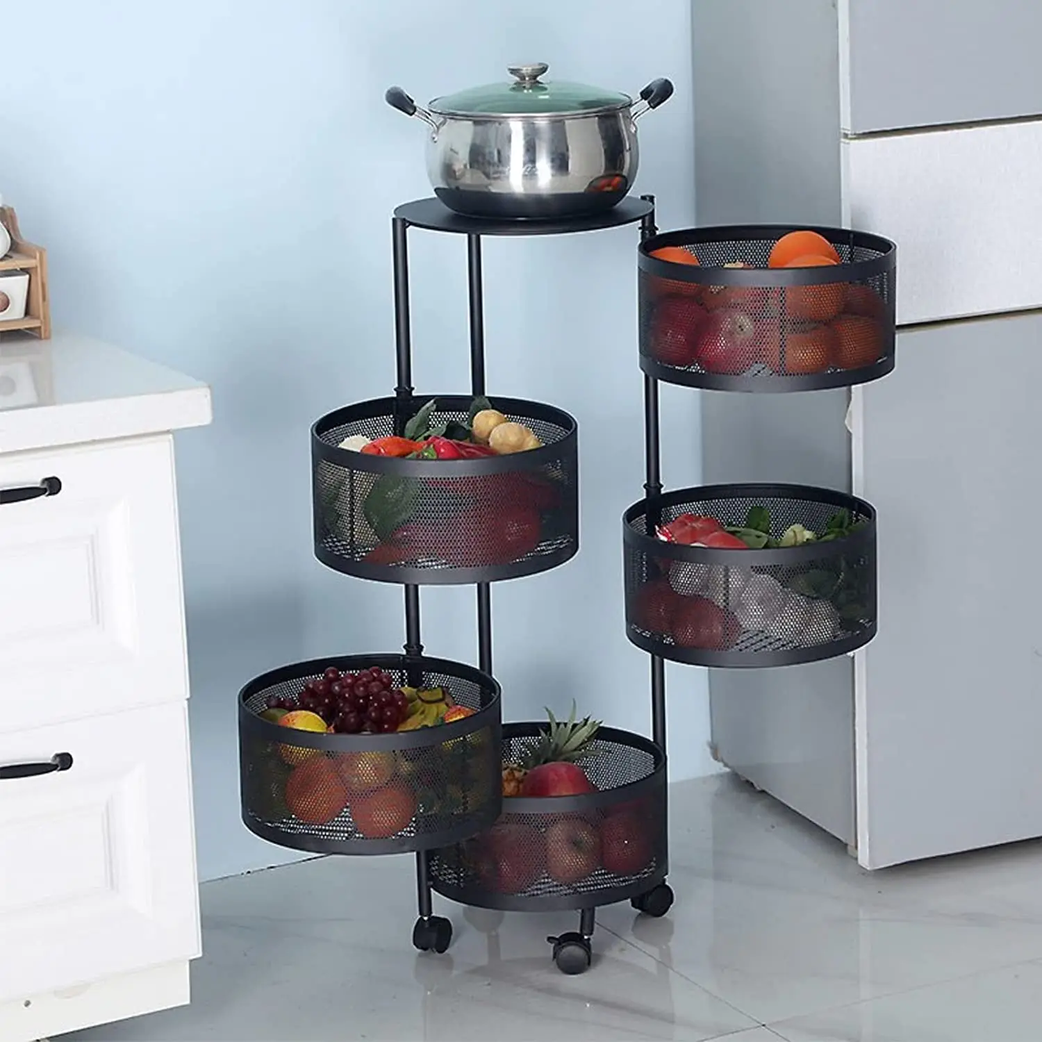 Rotating Multi Layer Kitchen Shelf Round Square Layered Standing Shelf Unit Kitchen Storage Rotating Vegetable Rack