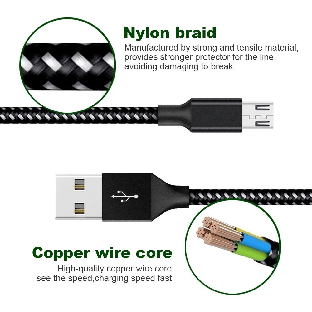 Нейлоновый Плетеный Micro USB кабель 3 м Type C для передачи данных мобильных телефонов Android смартфонов Быстрая зарядка 10 футов шнур прочное быстрое