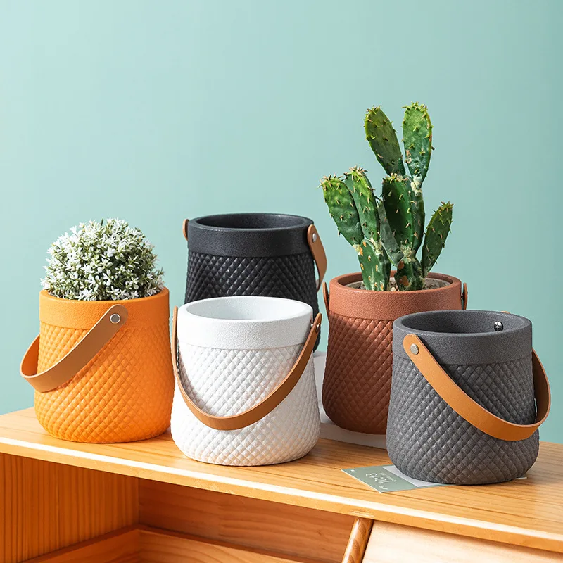 Amazon hot selling creative ceramic round flower pot balcony bonsai pot hotel home furnishing portable flower pot