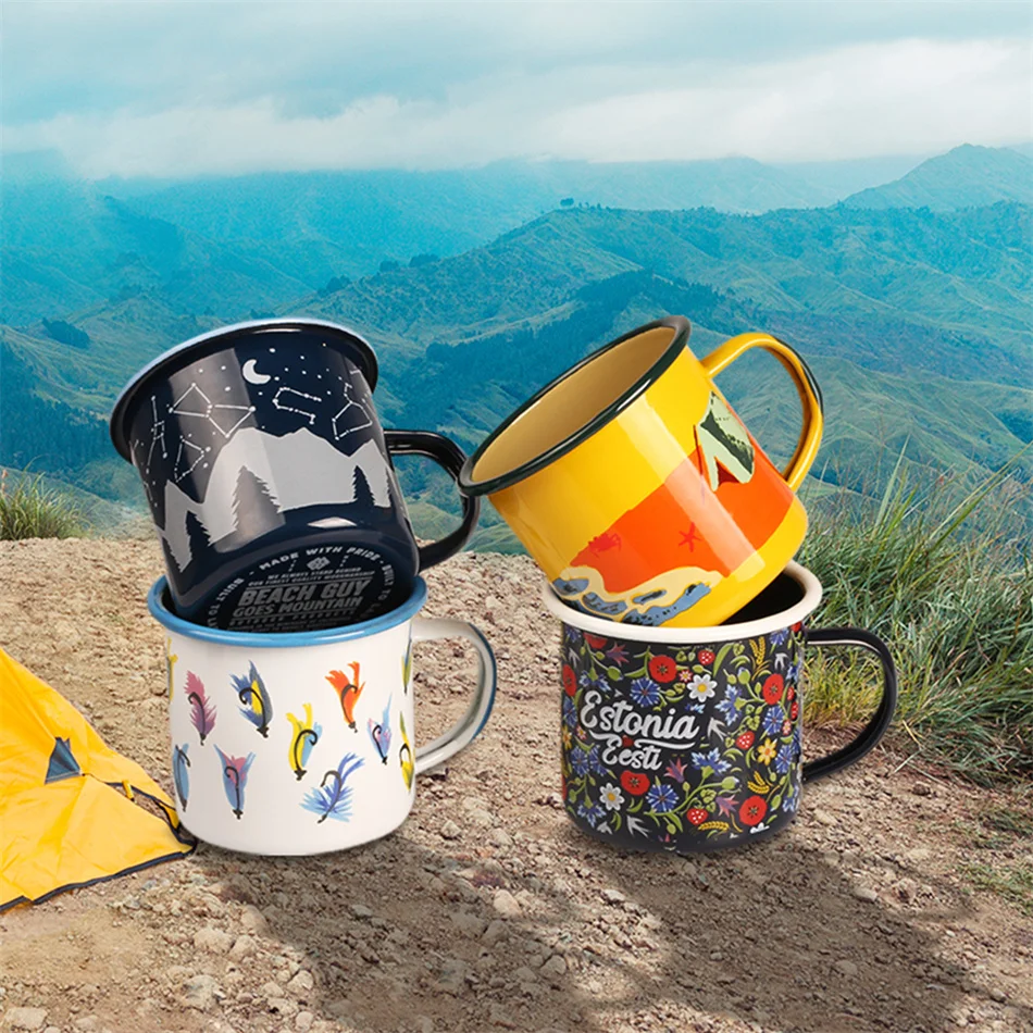 Wholesale Enamelware Campfire Enamel Mug Retro Vintage Souvenir Sublimation Travel Mug for Coffee