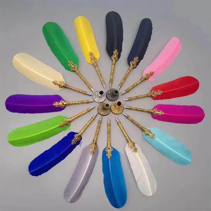 Luxury Natural Feather Metal Ball Pens Custom Logo Rose Gold Special Quill Pen Wholesale Promotional Ballpoint Pen