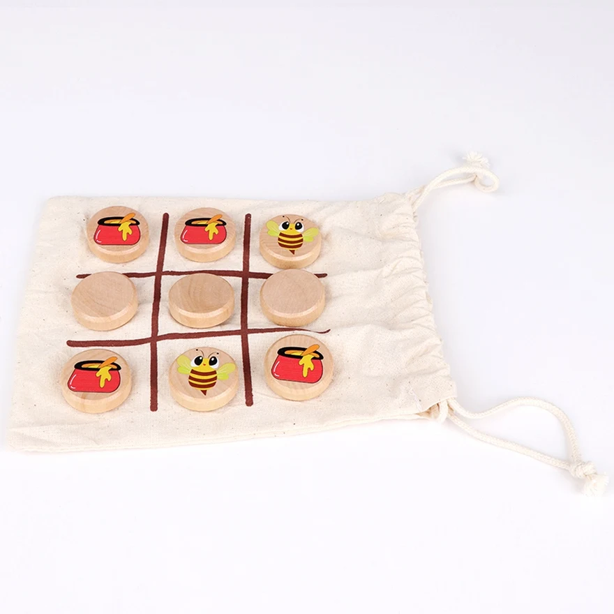 High Quality Hot Sale Games to Go Wooden Tic Tac Toe  with cloth bag OX Games travel pocket game