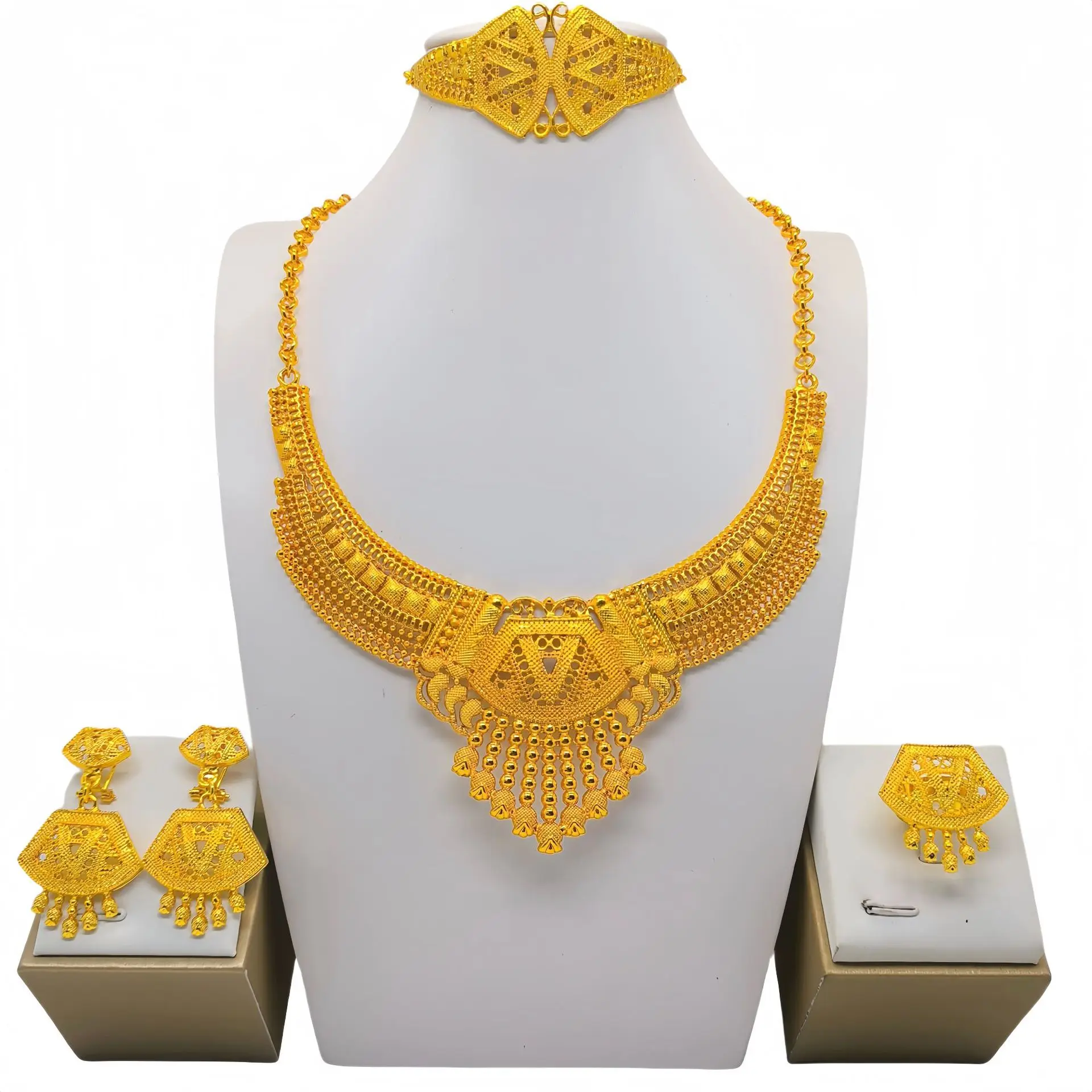 Dubai Luxury Jewelry Set 4 Piece Womens Full 24K Gold Plated necklace earrings bracelet and ring set