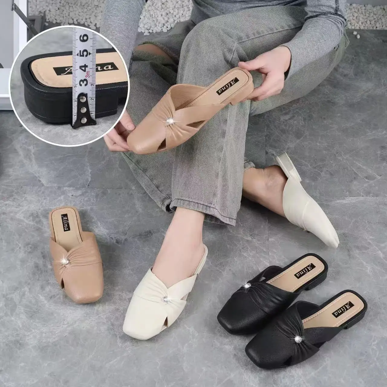 Female Shoes Large Size Closed Toe Half Drag Luxury Flats Sandals Ladies Half Slipper