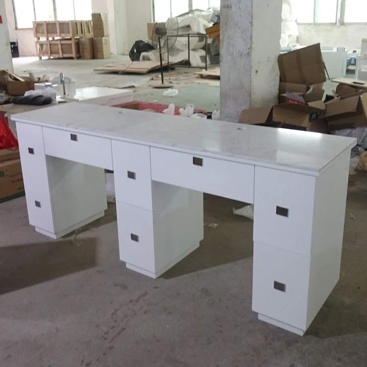 Modern White Double Nail Manicure Table with Marble Top CB-M952