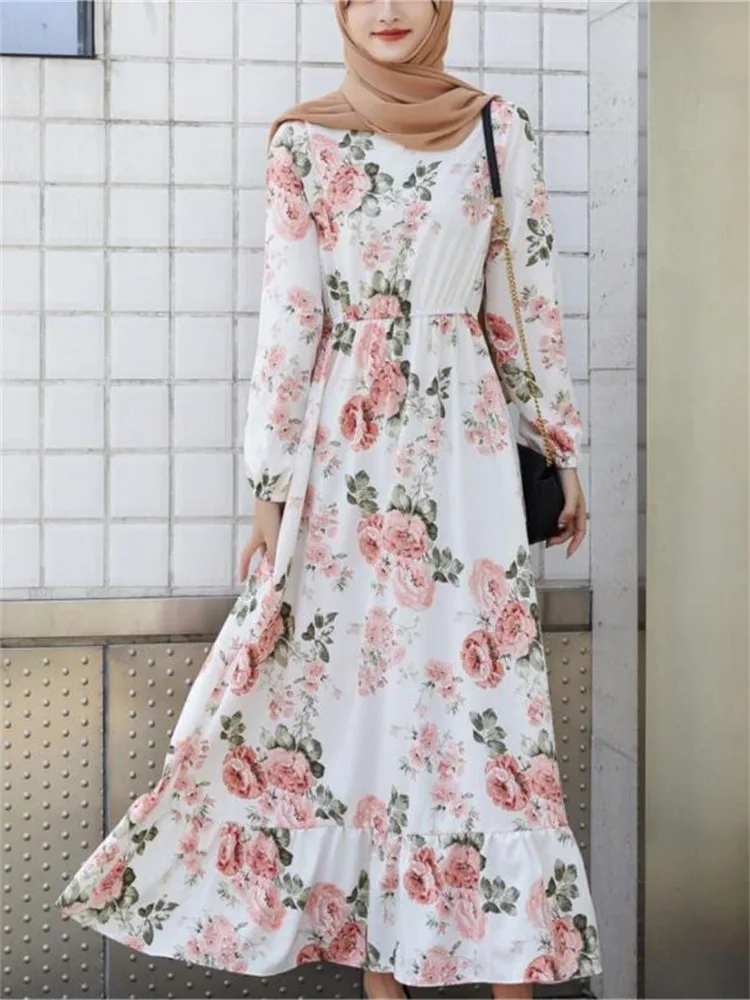 High Quality Muslim Long Skirt Floral Pullover Long Sleeve Waist Crew Neck A-line Dress Ethnic Clothing