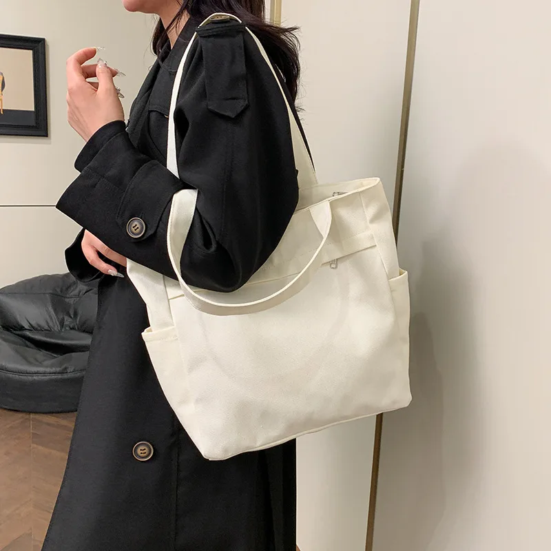 Custom logo simple design canvas tote bag portable large capacity women lady gril leisure underarm bag for daily use