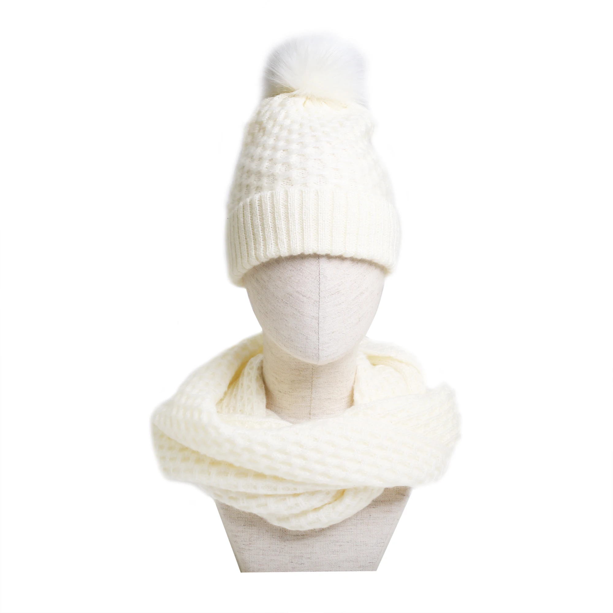 Fuzzy warm solid basket knits winter beanie hats and loop scarf set with bellyband packing