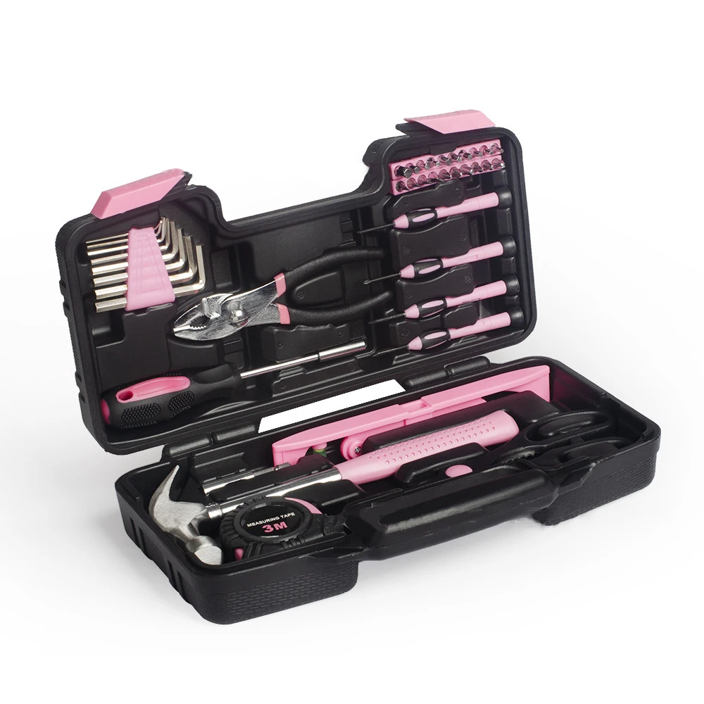 39 Pcs Plastic toolbox storage case screwdriver plier hex key hammer hardware tools Hand Pink Tools Kit Set