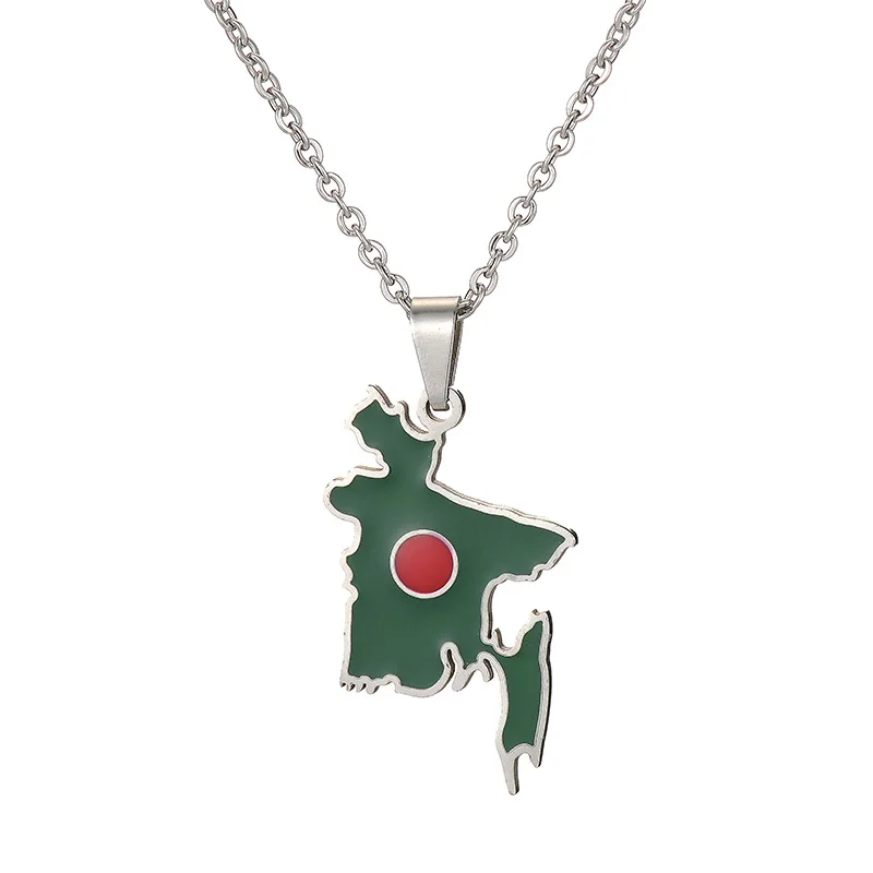 Couple Fashion Vintage Oil Drip Stainless Steel Bangladesh Map Pendant Necklace for Men Women 2024