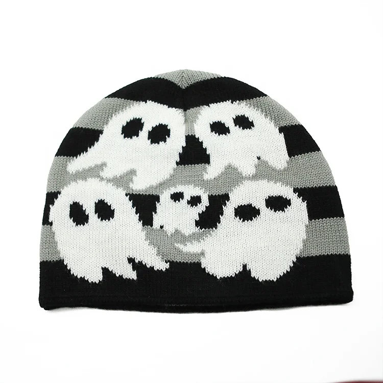 Funny Halloween Pumpkin Ghost Skull Knitted Beanie Hat Custom Logo Jacquard Short Touques Stripe Winter Caps Men Women Gifts
