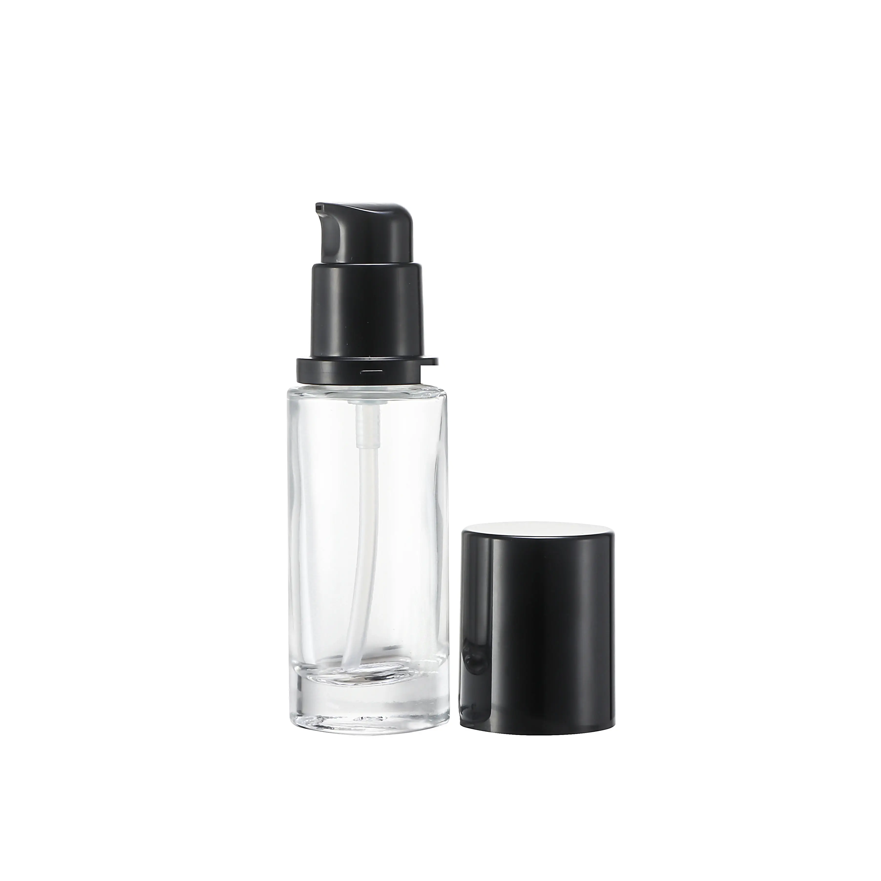 High Quality Cosmetic Packaging Round Empty Glass Liquid Foundation Bottle With Pump
