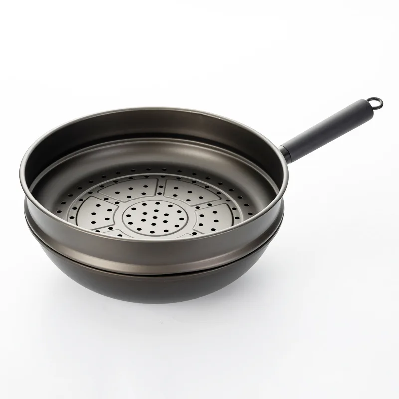32cm Fine Iron Frying Pan Household Cooking Iron Pan with Steamer