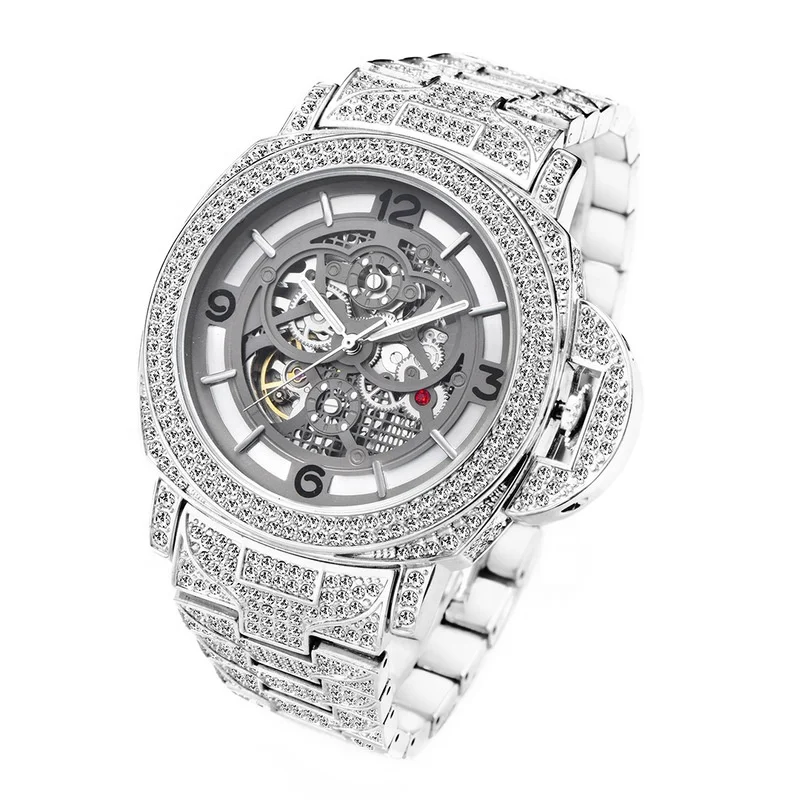 2022 New Hip Hop Stainless Steel Natural Moissanite Diamond Luxury Iced Out CZ Mechanical Watch for Men Birthday Vintage Gift