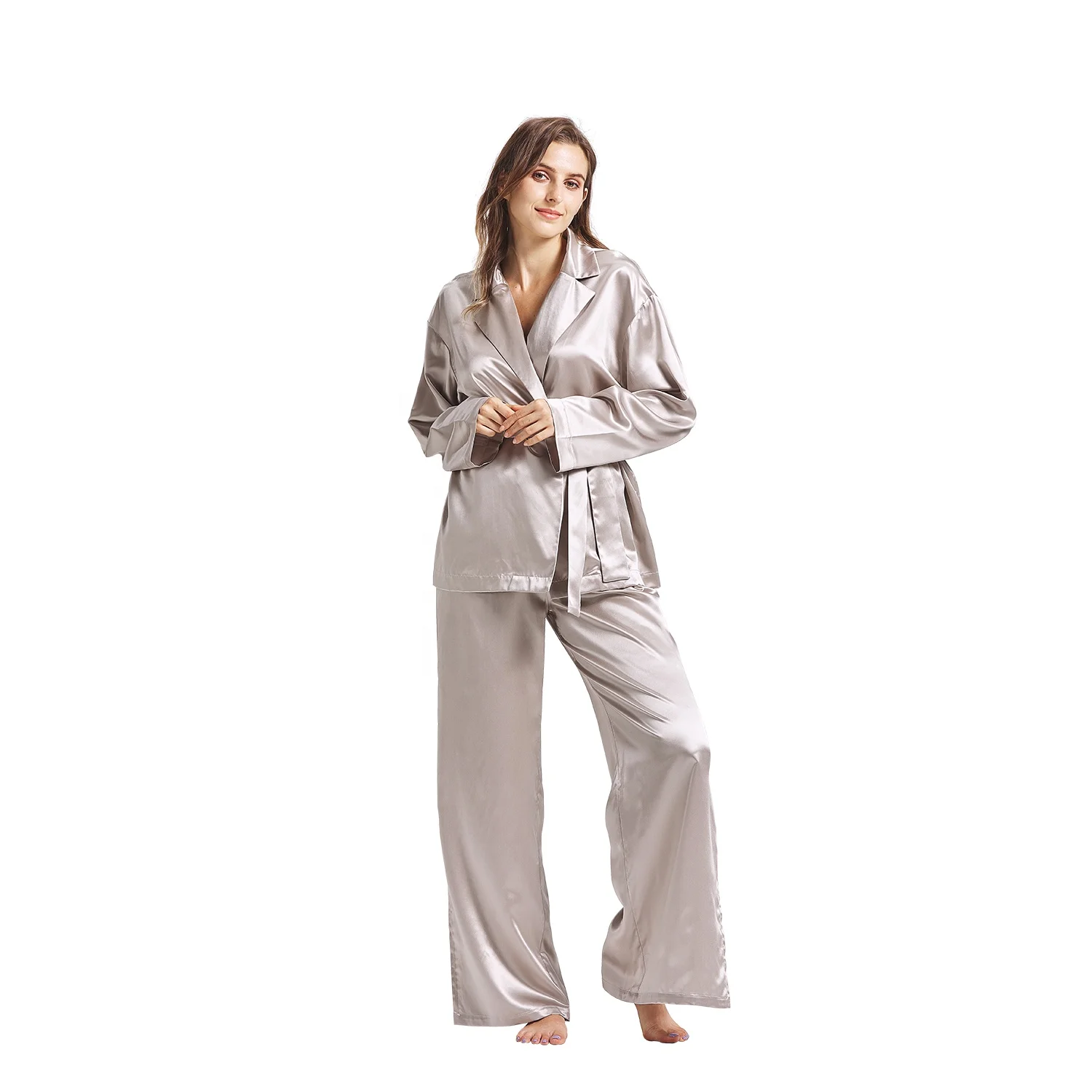 Custom Silver grey Silk Sleep Wear 100% Pure Silk Pajamas Set Women Silk Pajamas with long sleeves and long pants