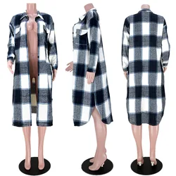 2021 Fashion Winter Outwear Women Clothing Pocketed Grid Pattern Overcoat Knit Cardigan Long Trench Coat