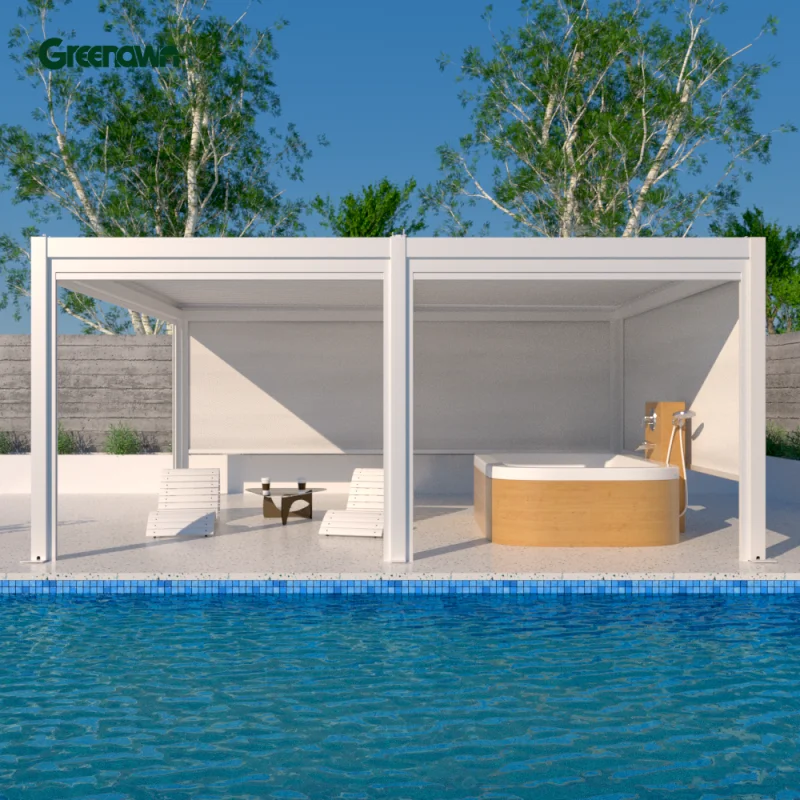 Eco- Friendly Sustainable Waterproof Customized Garden Greenhouse Aluminium Waterproof Gazebo Motorized Pergola