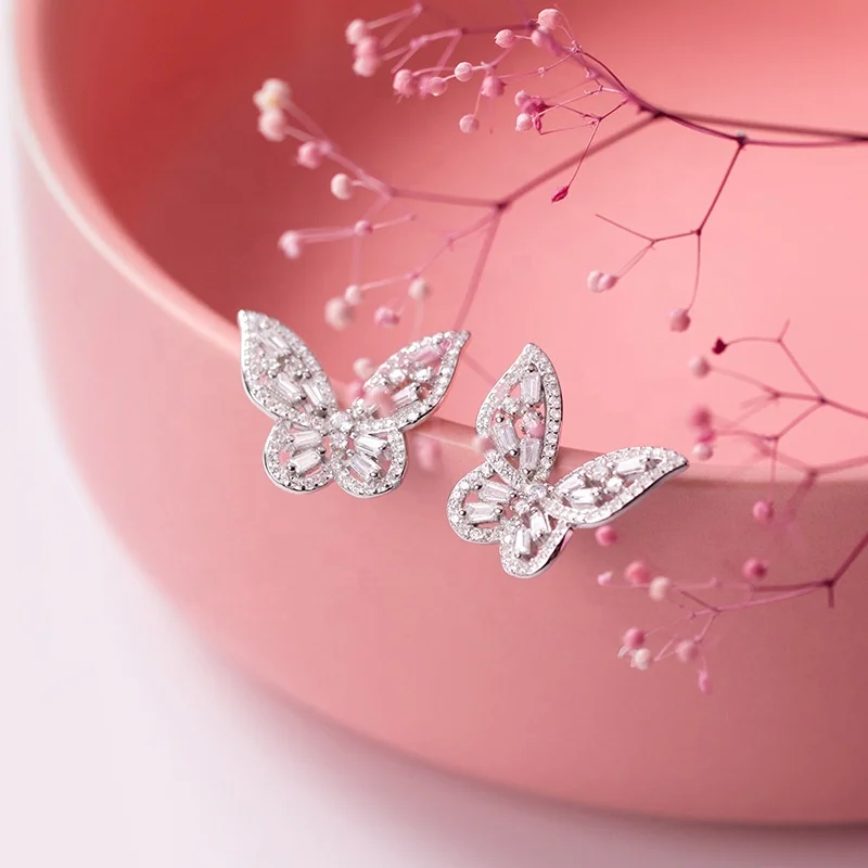 AD. jewelry S925 Sterling Silver Butterfly CZ Earrings Made with Zirconia Fashionable Jewelry Rhodium Plating Factory OEM