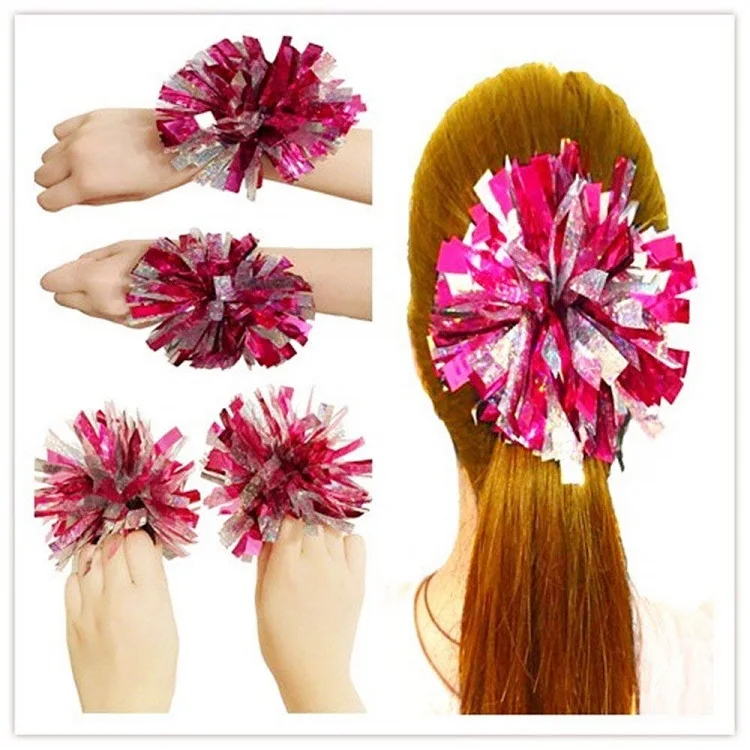 2 inch diameter small hair  pom poms metallic cheerleading with elastic