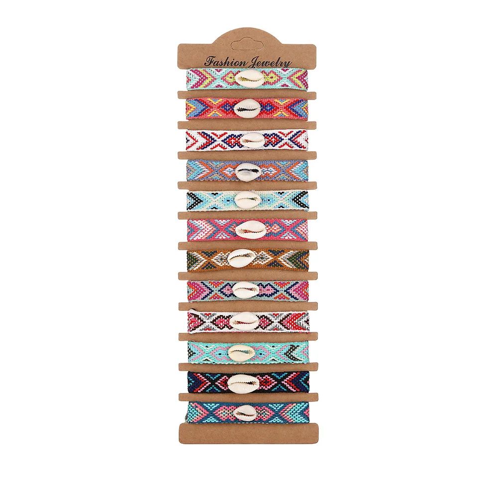 Ethnic 12 Pcs/Set Colorful Cotton Braided Rope Weave Bracelets Manual Wristband Jewelry Adjustable Shell Friendship Bracelets