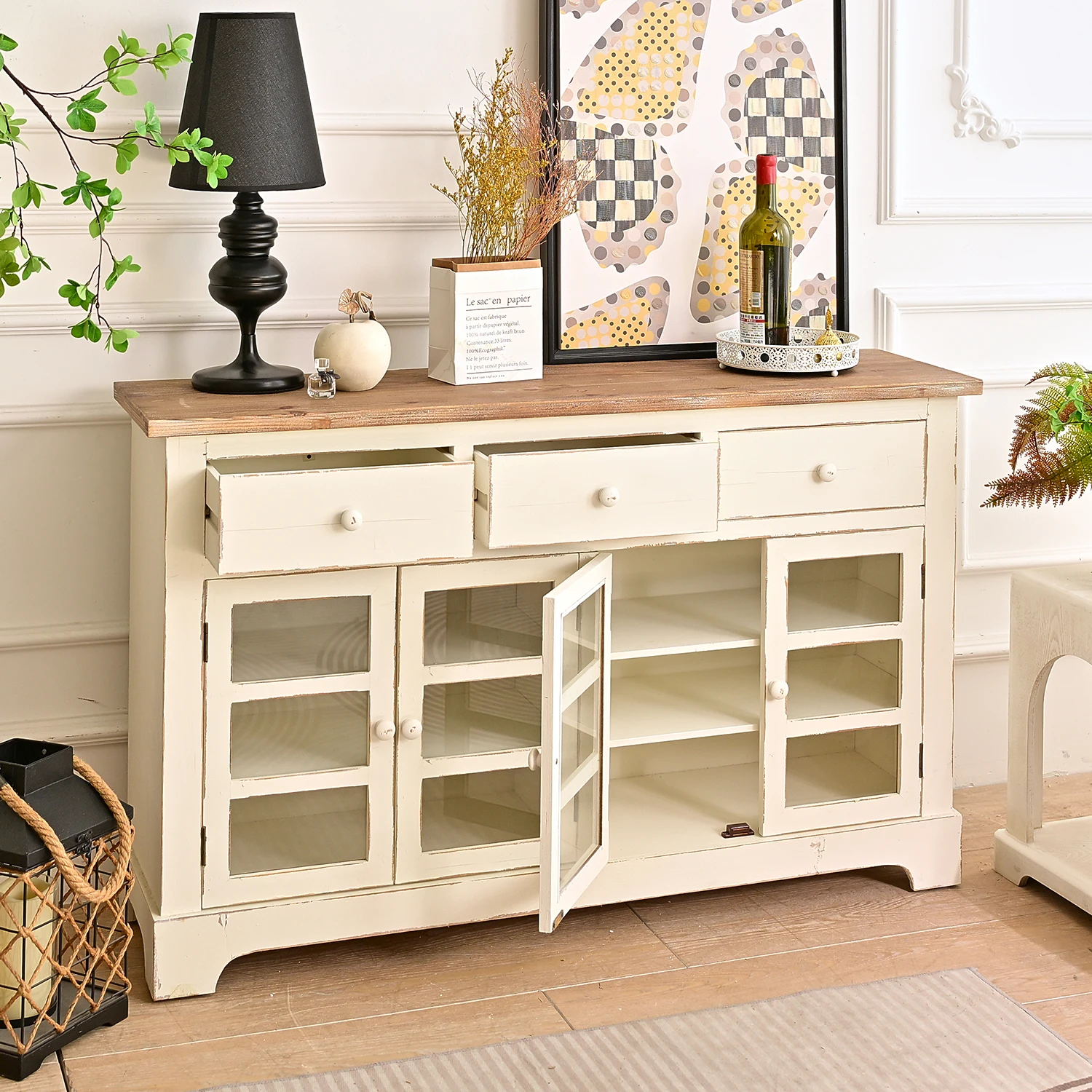 INNOVA Rustic Living Room Furniture 3-Drawer Wooden Cabinet with Glass Door White Color for Farmhouses and Modern Home Decor