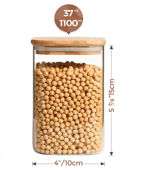 Kitchen Food Storage Containers for Pantry Jars - Square Glass Jar with glass jar with bamboo lid for Pasta Containers