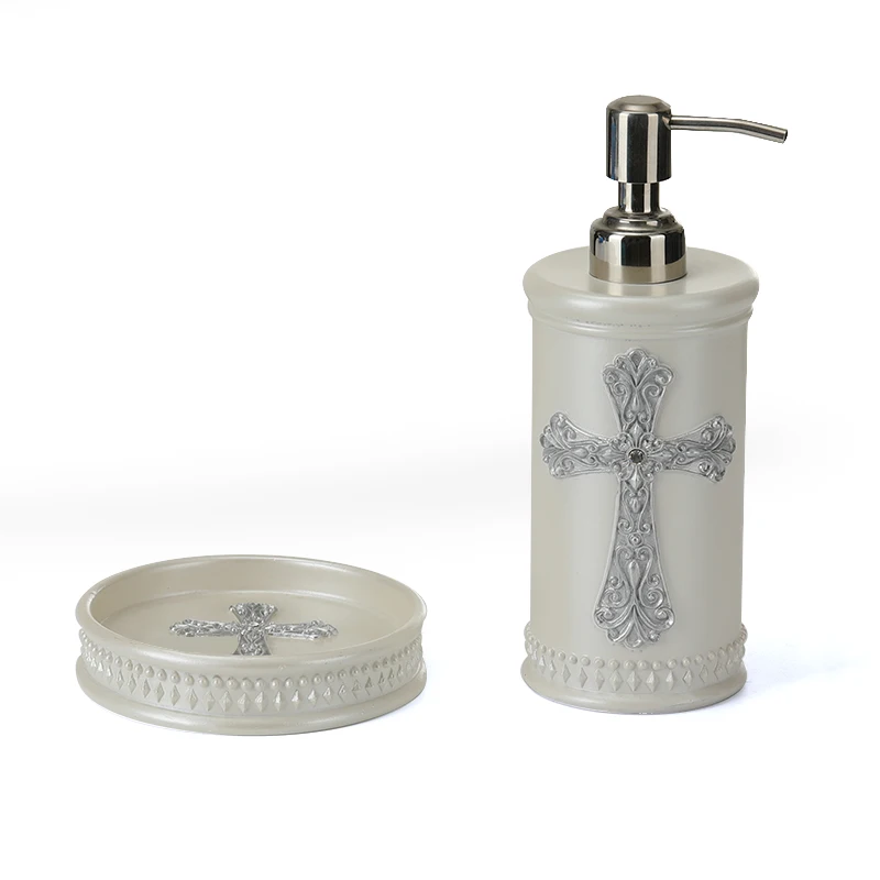 Custom Design Resin Bathroom Set Lotion Dispenser Soap Dish Bathroom Accessories Set White Cross Resin Bathroom Accessories
